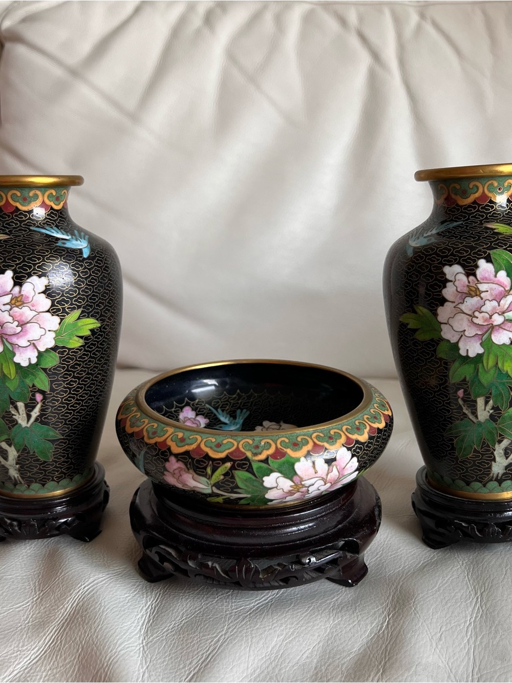 Floral Cloisonné Bowl and Vases Set with Wood Bases